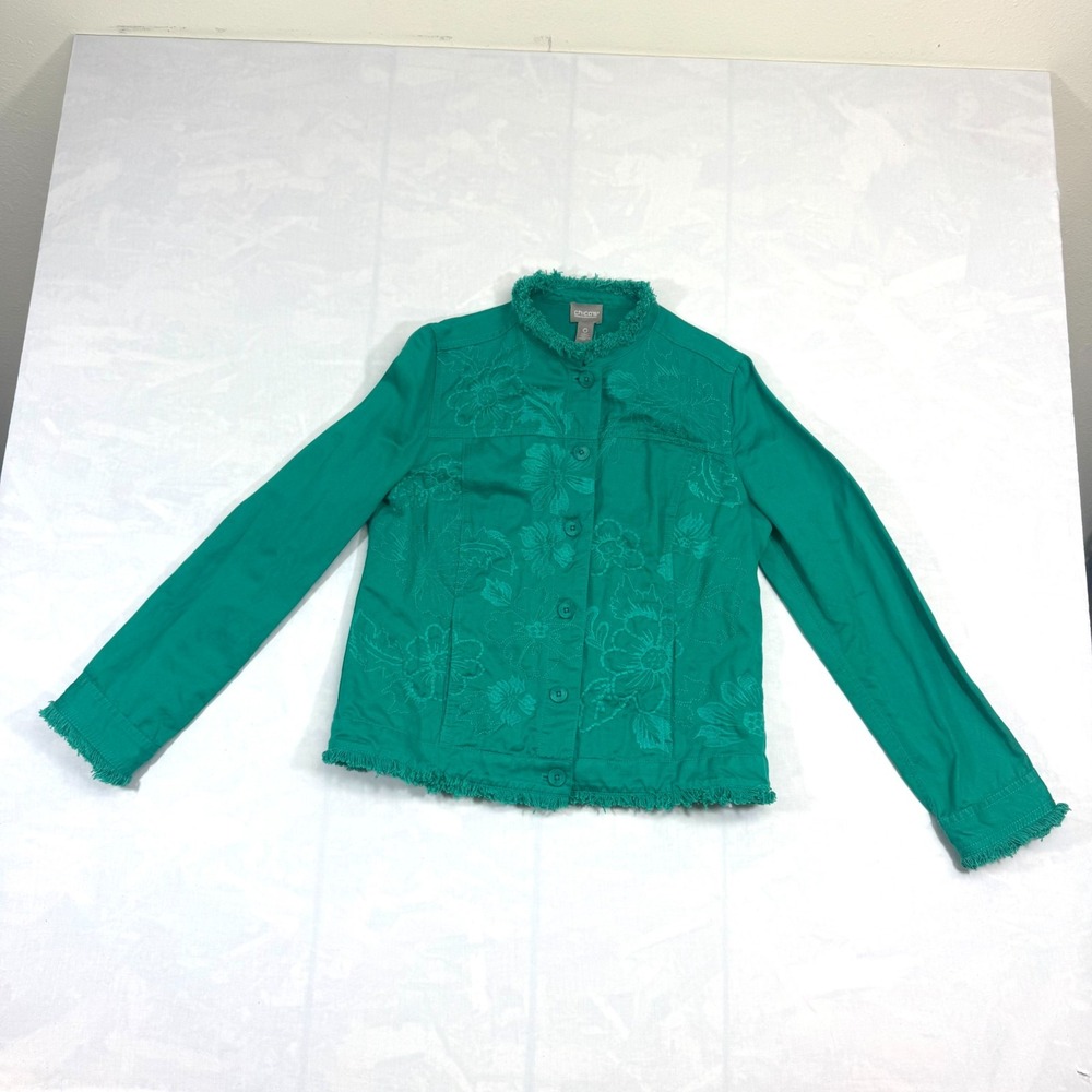 Chico's Jacket Womens 0-SMALL Green Floral Linen Blend Fringe Detailed
